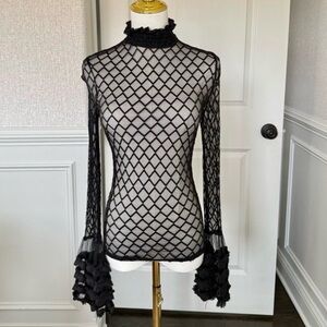 Elegant Black Sheer Women's Top with Statement Sleeve Medium